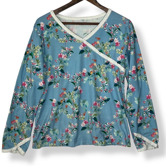 Garnet Hill M 100% Cotton Asian Wrap Pajama Set Blue Floral Long Sleeve Pants - Picture 2 of 15